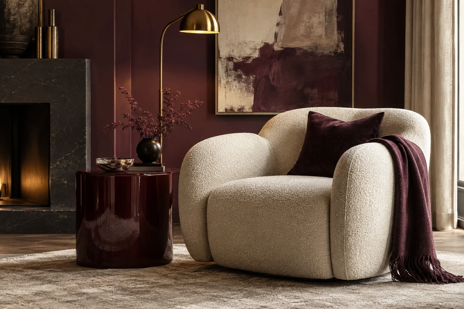 Illustrative plum and ivory lounge with sculptural chair